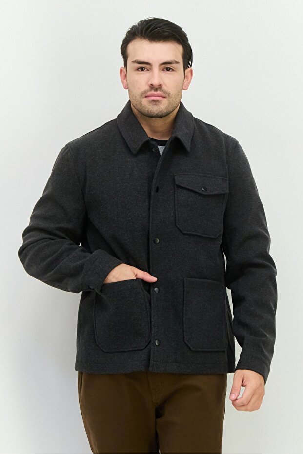 Men Solid Long Sleeves Jacket Shirt, Charcoal - 1