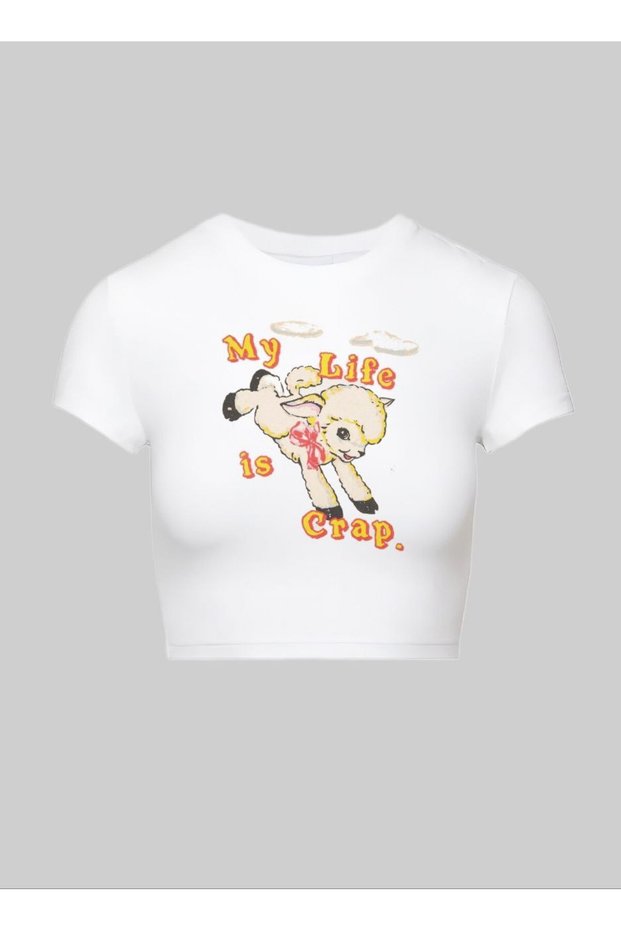 White Printed Pinterest Y2K Crop Top Baby Tee Lycra Narrow Combed Cotton