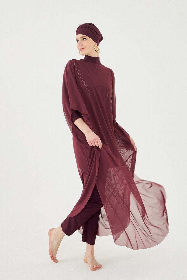 Tesettür Mayo Üzerine Desenli Tek Kaftan Pareo Rp002 Bordo - 6