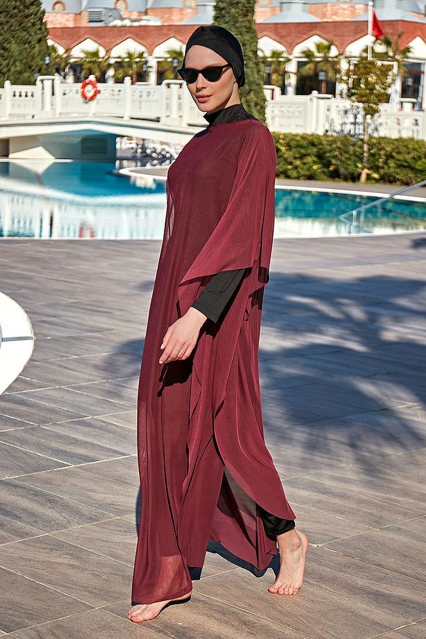 Tesettür Mayo Üzerine Desenli Tek Kaftan Pareo Rp002 Bordo - 4