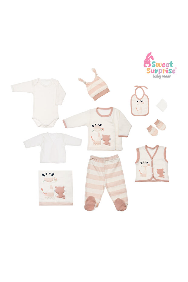 SWEET SURPRISE CUTE CAT AND GIRAFFE POWDER 100% COTTON 10 PCS NEWBORN HOSPITAL EXIT SET