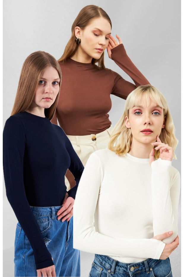 Finger Detailed Crew Neck 3-Piece Body Set White & Dark Blue & Brown