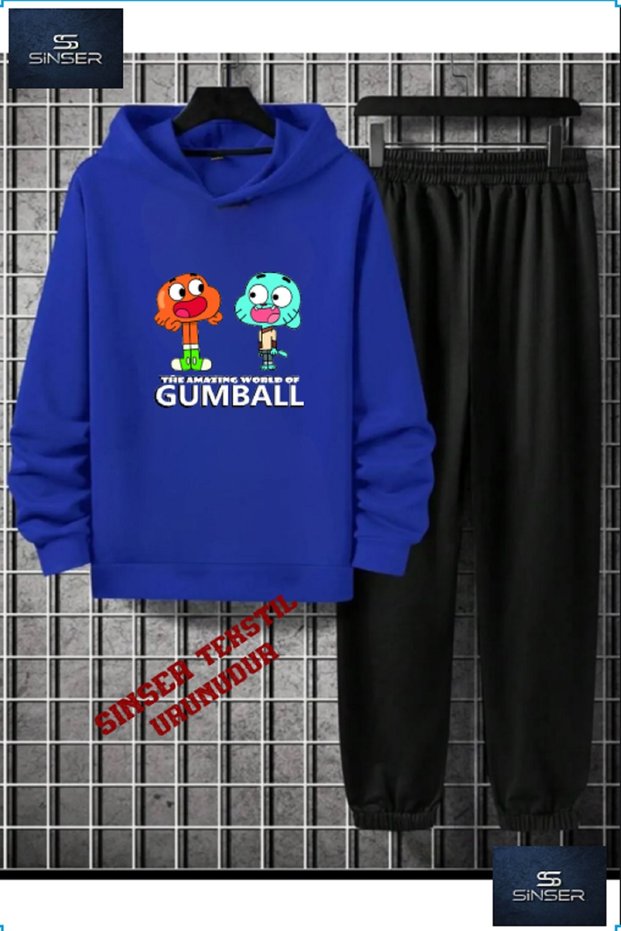 Hooded Children's Printed Tracksuit Set with "Gumball Syh-Byz Written"