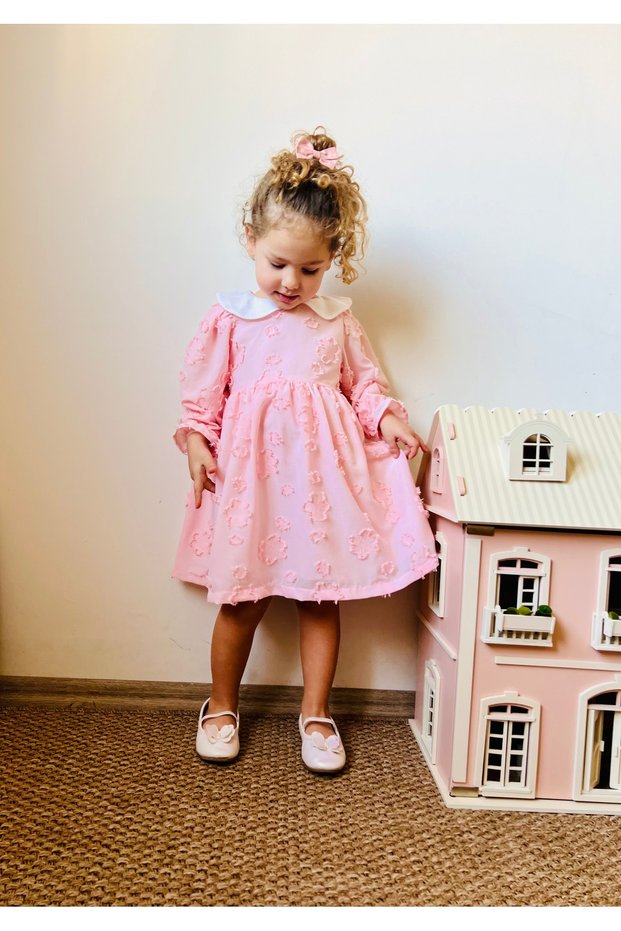 Pink Rose Figured Seasonal Cotton Lined Long Sleeve Baby Girl Dress