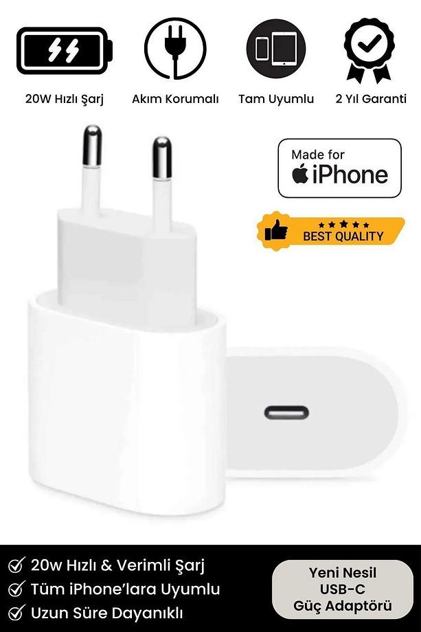 iPhone Tüm Serilere Uyumlu 20w Hızlı Şarj Aleti 7 8 X 11 12 13 14 15 16 İçin Type-C Girişli Adaptör - 1