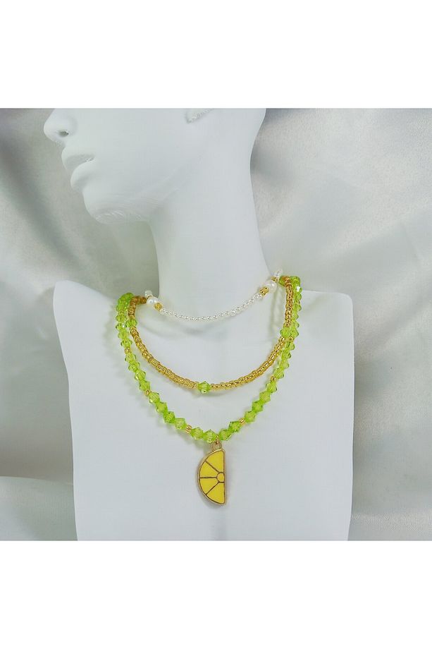 Minimal Limon Üçlü Kolye Seti Trend Limon Kolye Seti Kristal Boncuk Kolye Limon İnci Kolye - 3