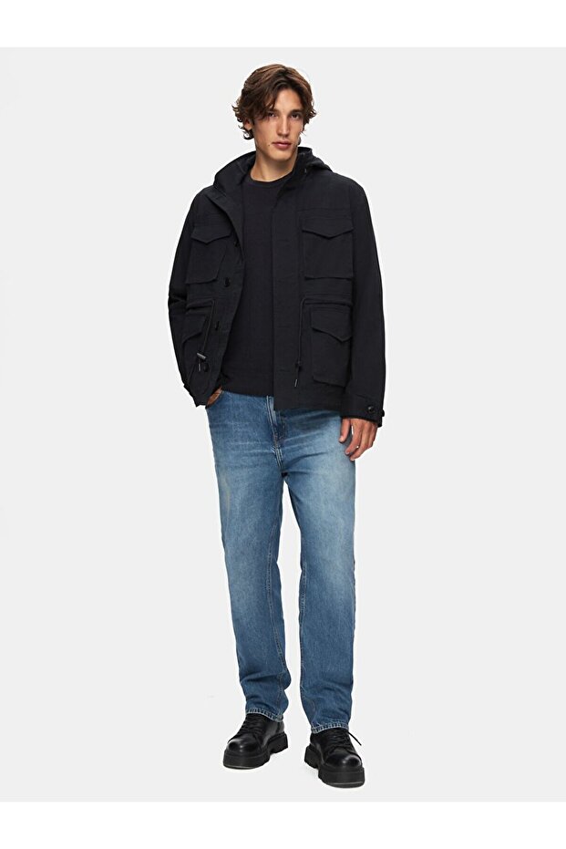 Kapüşonlu Düz Lacivert Mont - 1