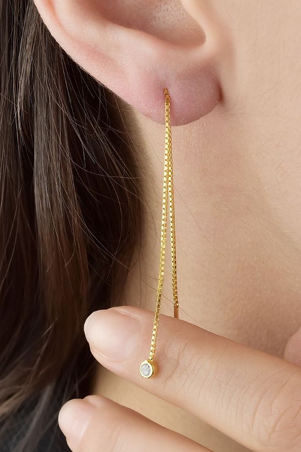 Gümüş 925 Ayar Kare Zincir Asansör Model Tek Zirkon Taşlı Gold Renkli Tekli Küpe - 1