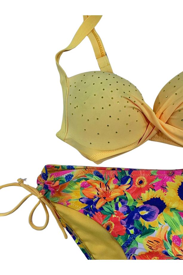 Kadın Sarı Çiçek Desenli Taş İşlemeli  Astarlı Bikini Takım HZL25S-LC3313 - 2
