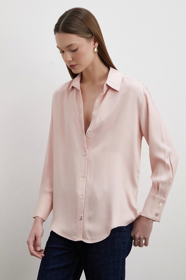 Floş Basic Saten Gömlek Bej - 1