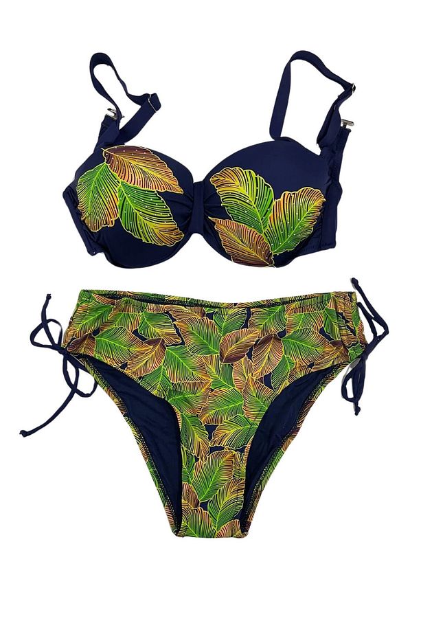 Kadın Lacivert Yaprak Desenli Taş İşlemeli Astarlı Bikini Takım HZL25S-LC3305 - 1