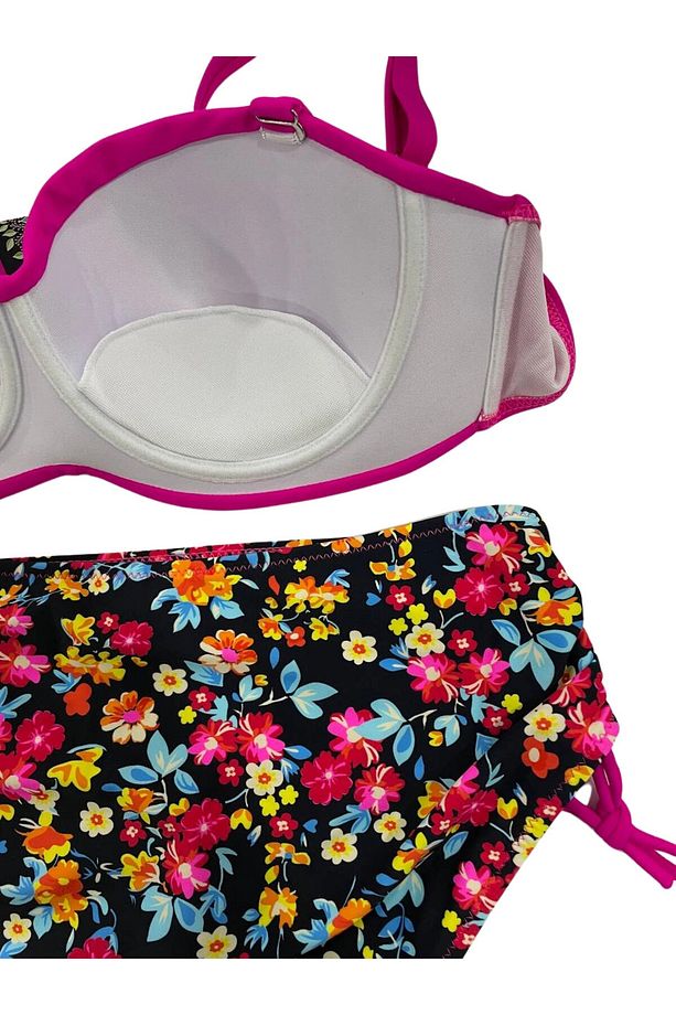 Kadın Fuşya Çiçek Desenli Taş İşlemeli Büyük Beden Astarlı Bikini Takım HZL25S-LC3312 - 5