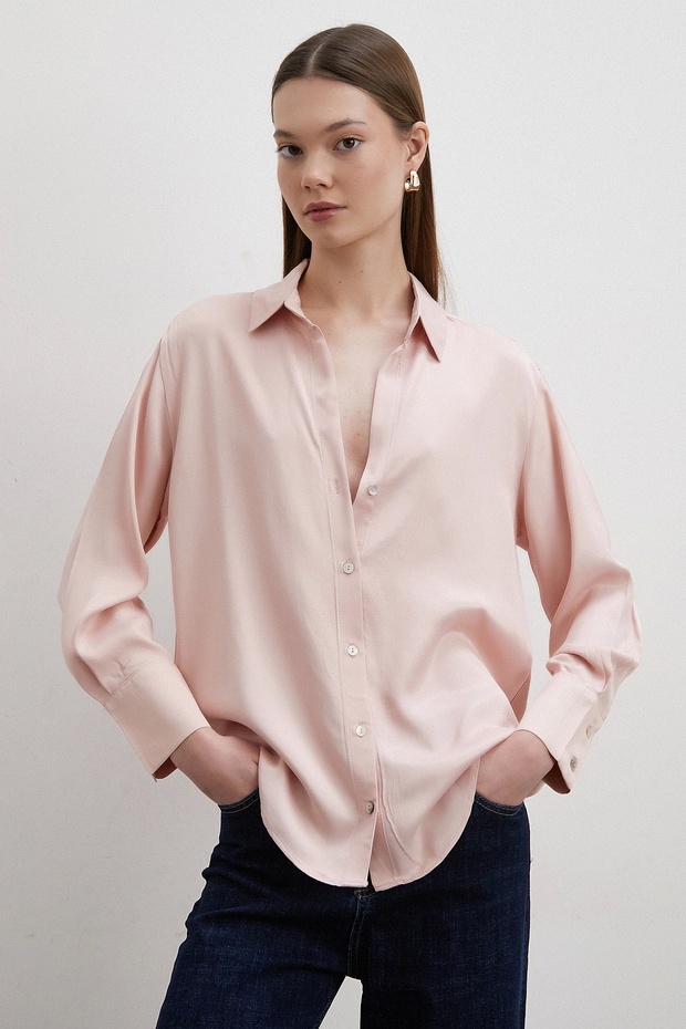 Floş Basic Saten Gömlek Bej - 5