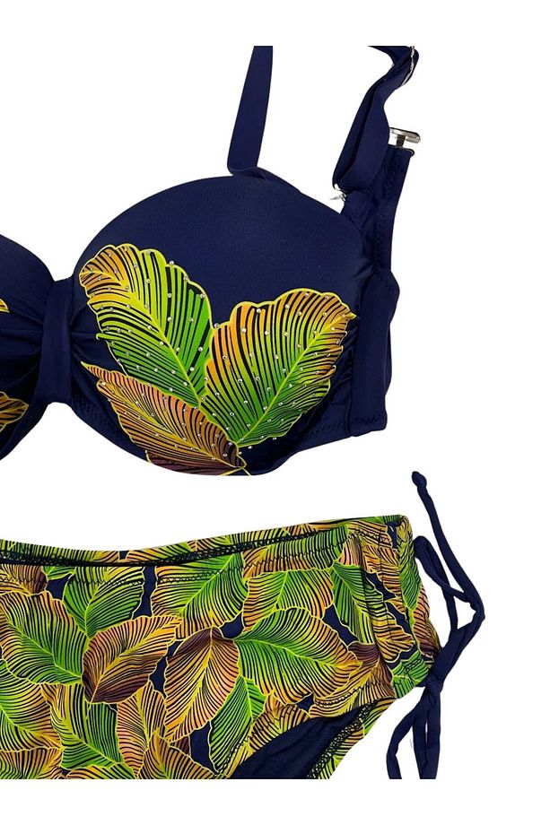 Kadın Lacivert Yaprak Desenli Taş İşlemeli Astarlı Bikini Takım HZL25S-LC3305 - 4