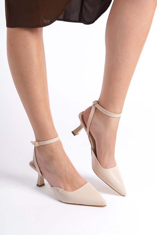 Beige Patent Leather Pointed Toe Buckle Women's Heeled Shoes