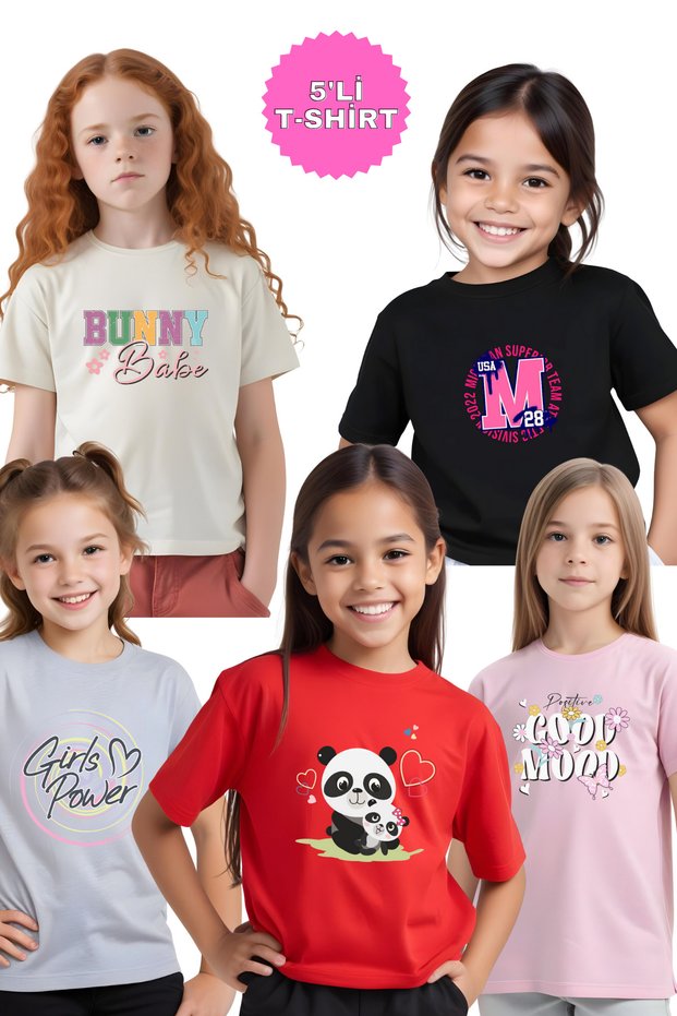 5-Piece Mood-Mom Panda-Power-Girls-M Printed Girls' T-Shirt