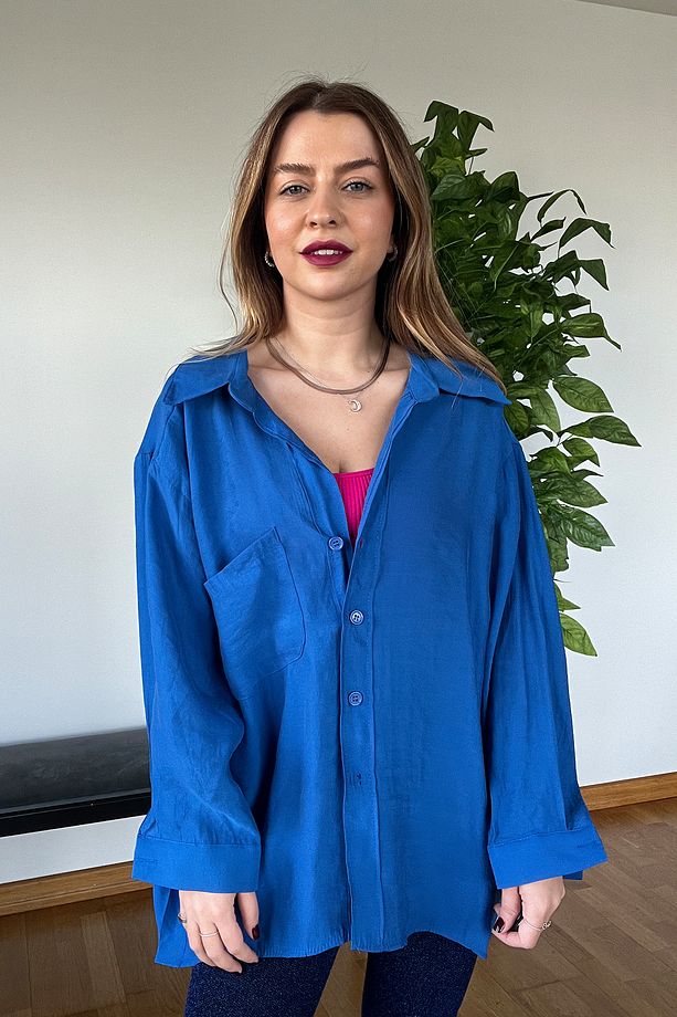 Yeni Sezon Kaliteli Şık Yumuşak Dokulu Uzun Kollu Basic Oversize Kadın Gömlek - 3