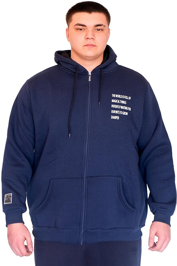 سويت شيرت رجالي بقلنسوة مقاس كبير من مود XL بسحاب و3 خيوط BRONX U24560 نيلي