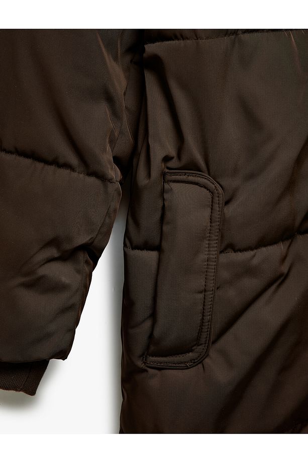 Kapüşonlu Çıtçıt Düğmeli Fermuarlı Oversize Şişme Mont - 7