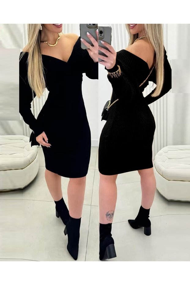 Women's Long Sleeve Off-The-Shoulder Double Breasted Neckline Short Knitwear Dress