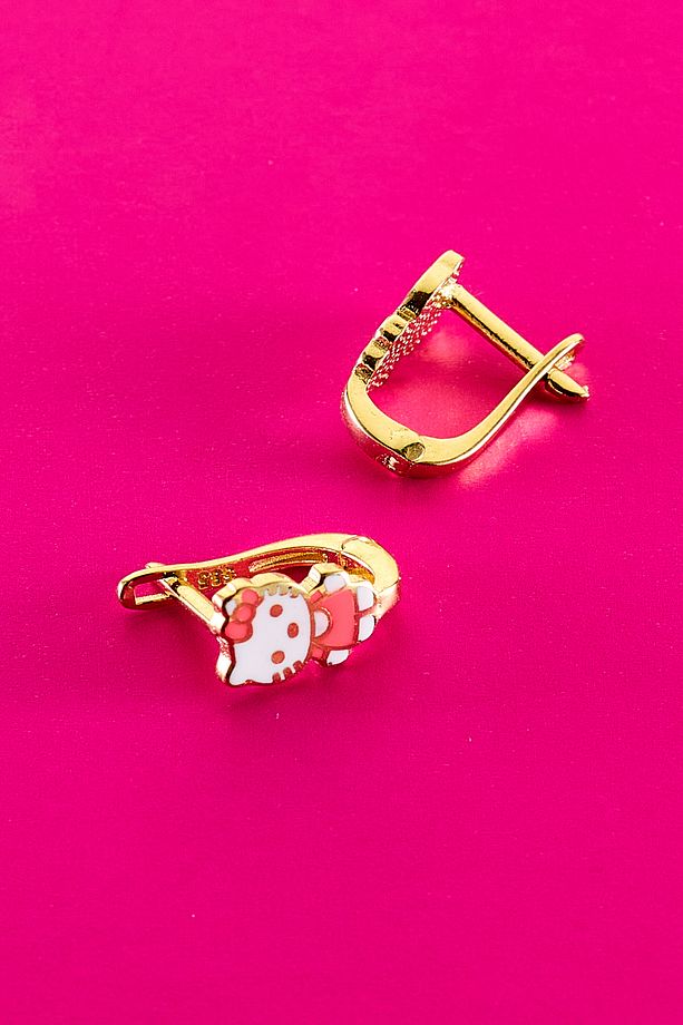 14 Ayar Altın Hello Kitty Çocuk Küpe, Klipsli Renkli Mineli Kız Çocuk Küpe, Mücevher Kutusuyla - 1