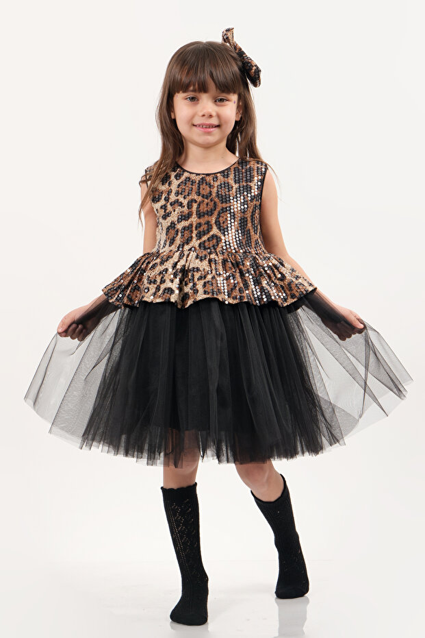 Leopard Patterned Special Imported Fabric Transparent Sequin Embroidered Six Black Tutu Skirt Girls' Dress