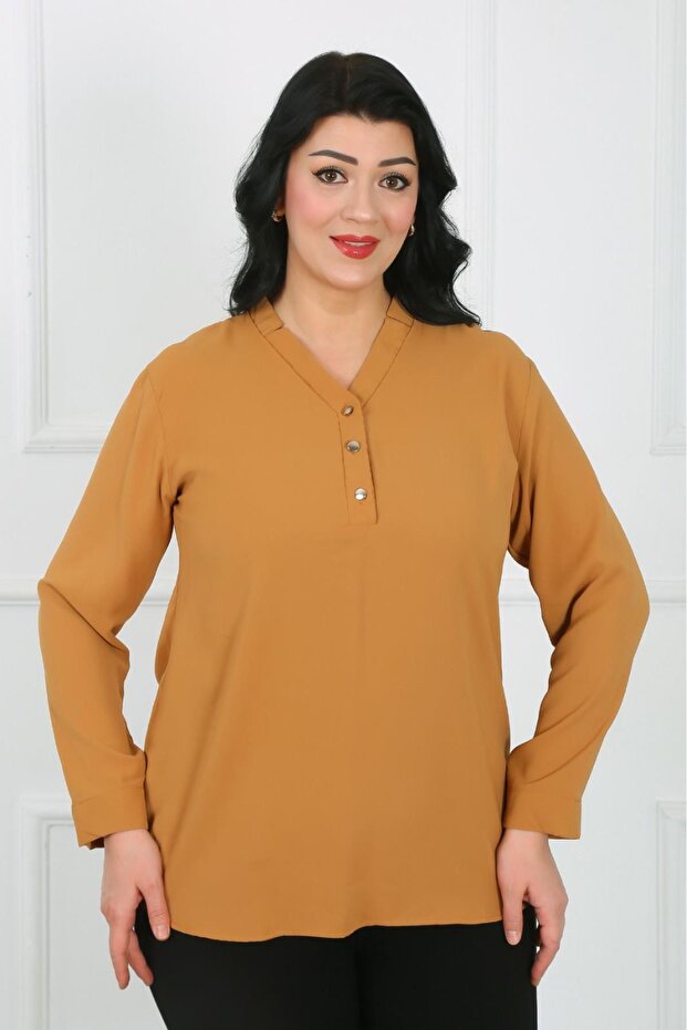 Women's Mustard V-Neck Dubai Fabric Plus Size Shirt
