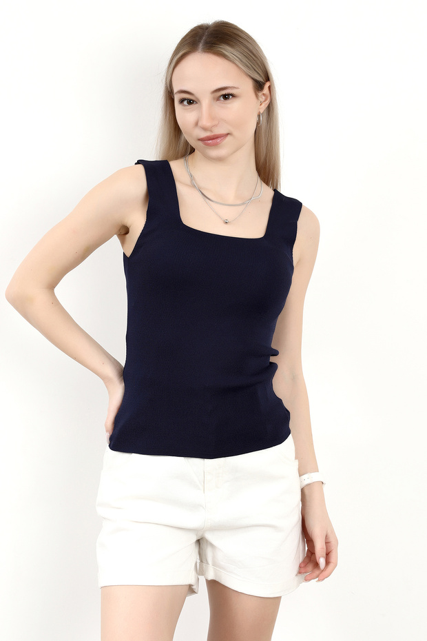 Kadın Kare Yaka Kalın Askılı Basic Triko Bluz Lacivert - 2000 - 7