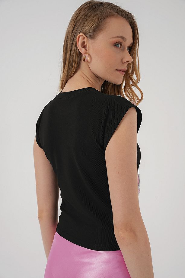 930 Kısa Kol Desenli Crop Bluz - Siyah - 6