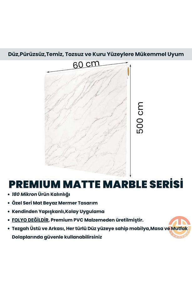 Kendinden yapışkanlı Mat Mermer Desen Folyo Mutfak Banyo Tezgah Duvar Kaplama 60cmX500cm - 8