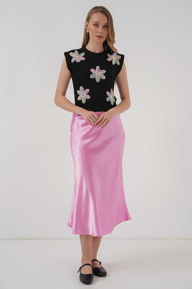 930 Kısa Kol Desenli Crop Bluz - Siyah - 2