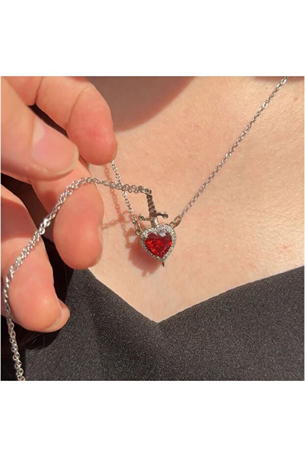 Çelik Zincirli Kalp Kılıç Kolye Çift Arkadaş Sevgili Kolyesi - 1