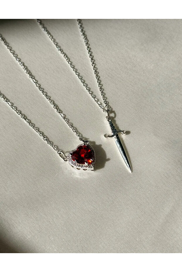 Çelik Zincirli Kalp Kılıç Kolye Çift Arkadaş Sevgili Kolyesi - 2