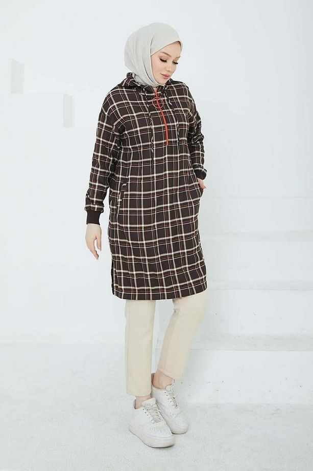 Yarım Fermuarlı Ekose Tunik - Kahve - 5