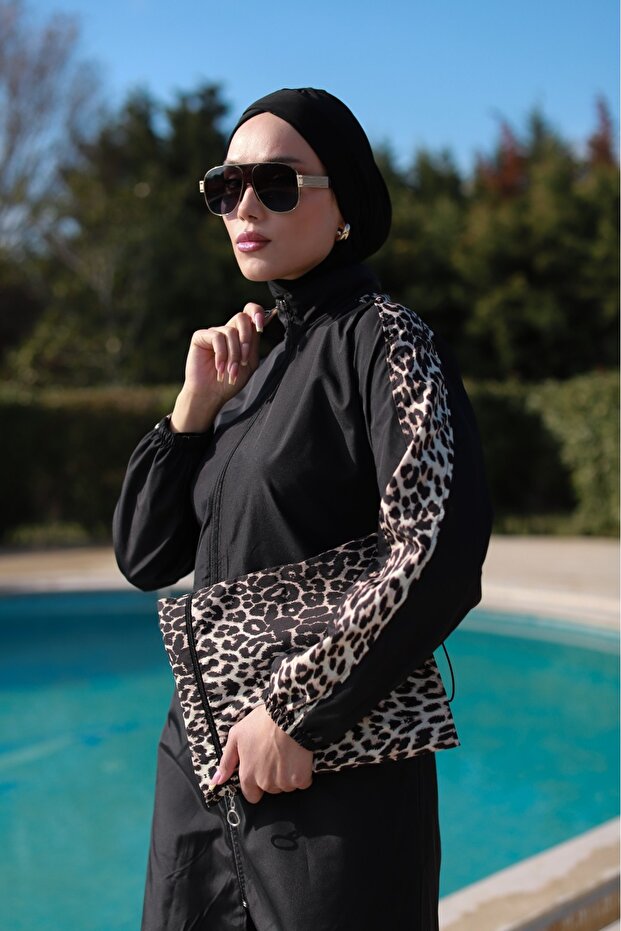 Leopard Pattern Hijab Swimsuit with Bone and Bag Gift, Elastic Waist and Zipper - 3