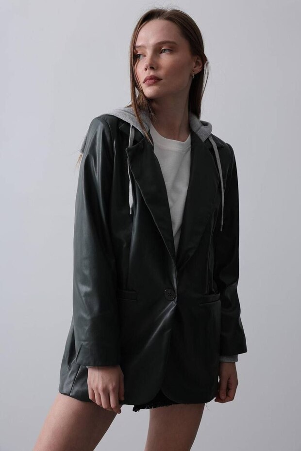 Deri Blazer Kapüşonlu Ceket - 1