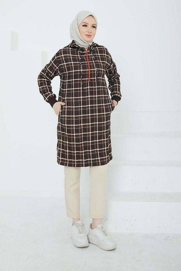 Yarım Fermuarlı Ekose Tunik - Kahve - 4