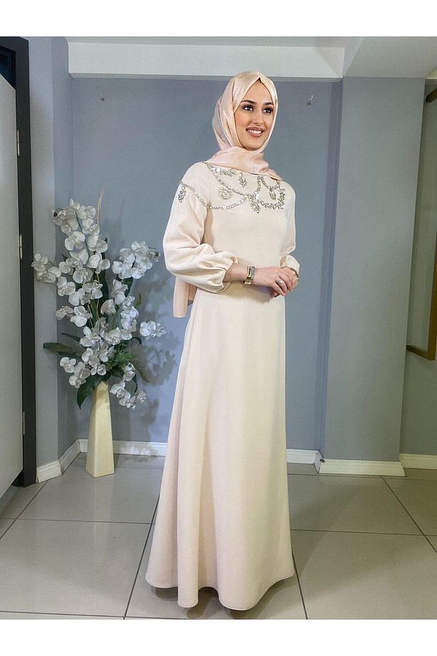 JAMİLA SARAH TEK TARAFLI İŞLEMELİ KAYIK YAKA KREP KUMAŞ ELBİSE - 2