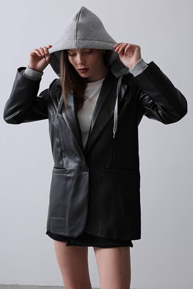 Deri Blazer Kapüşonlu Ceket - 2