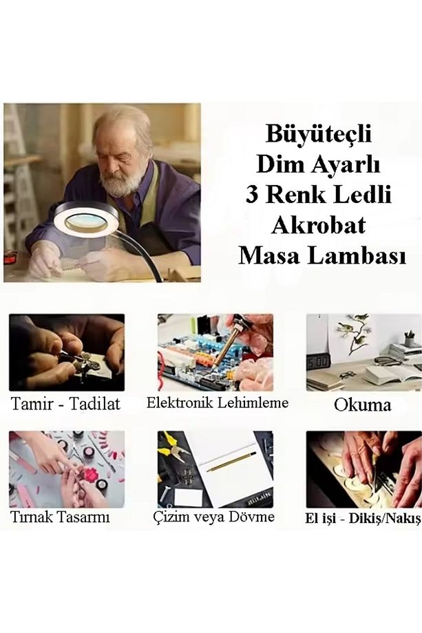 Akrobat Hareketli 10X Büyüteçli Led Işıklı Masa Çalışma Lambası - 7