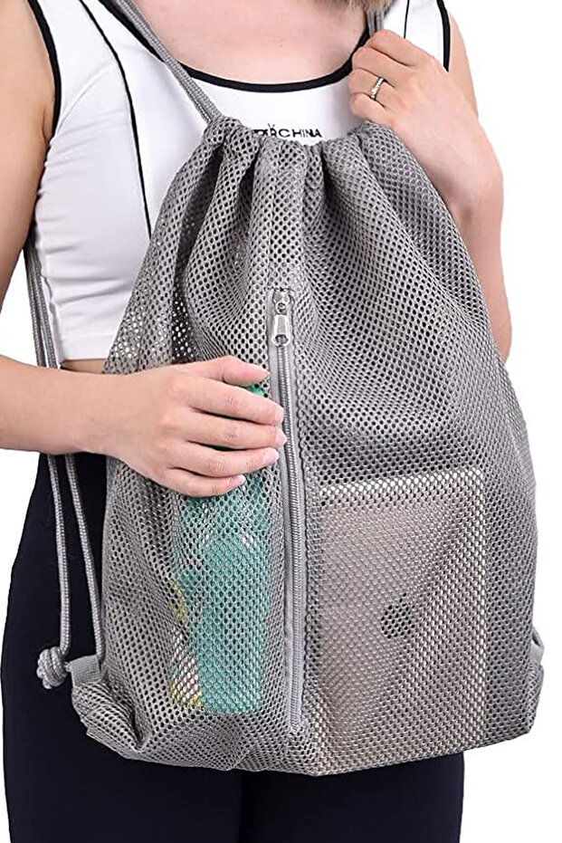 حقيبة ظهر من القماش الشبكي باللون الرمادي برباط - 5