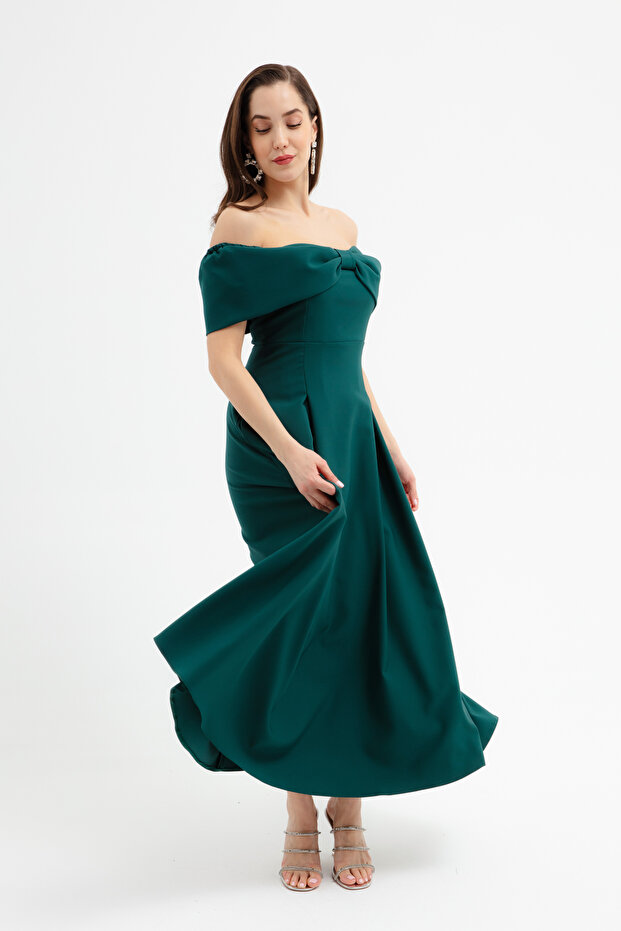 Women's Emerald Green Bow Detail Strapless Flared Dress