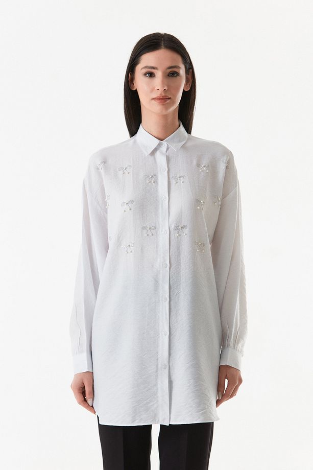 Fiyonk Taş İşlemeli Gofreli Oversize Gömlek - 8
