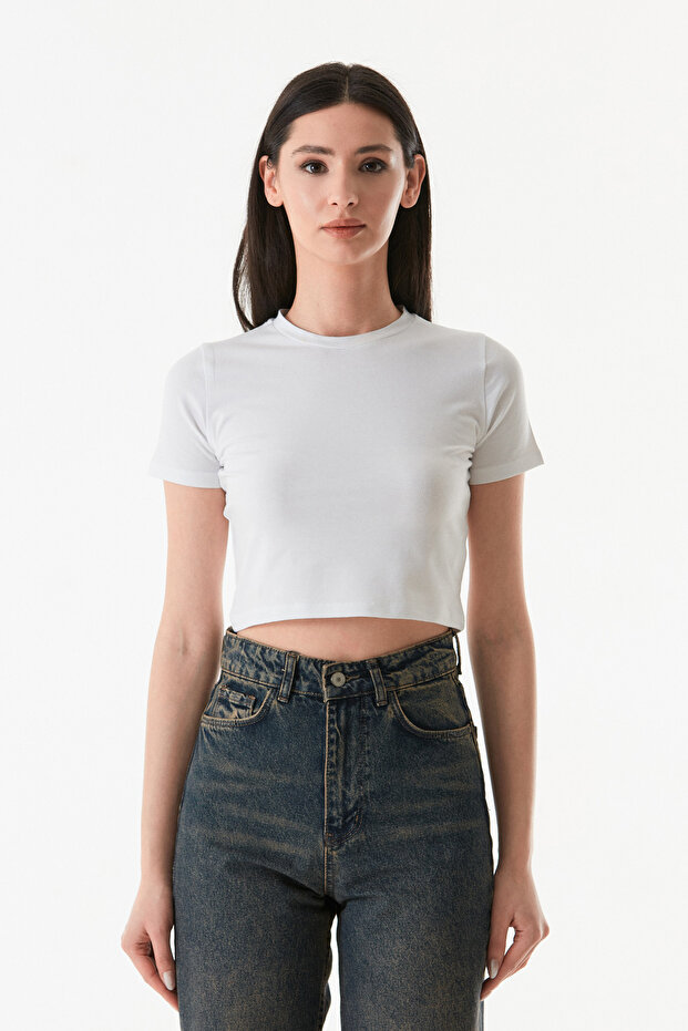 Basic Bisiklet Yaka Crop Tişört - 8