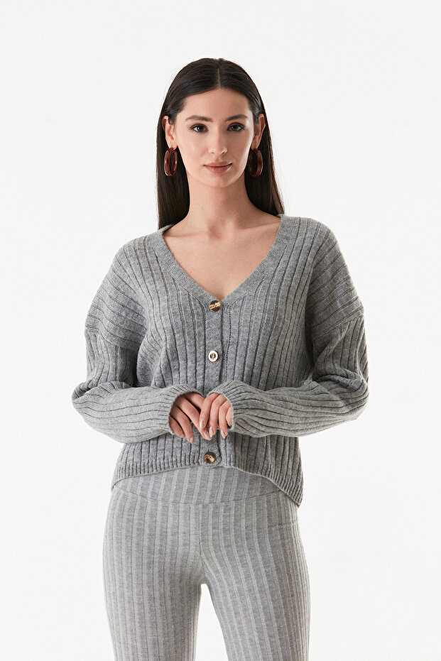 Buttoned V-Neck Knitted Cardigan