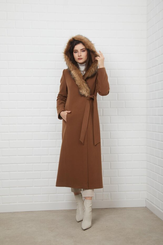 Side-Tied, Snap-Button Closure, Hooded Fur Coat Taba 3697