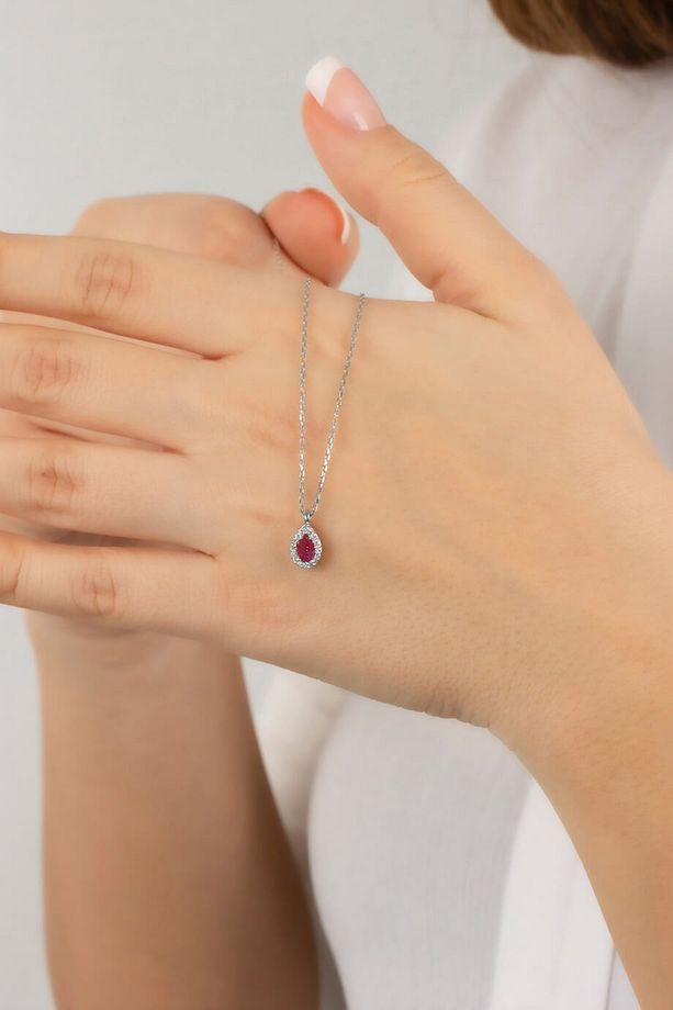 Elmas Montürlü Ruby Damla Taşlı Gümüş Kolye - 1