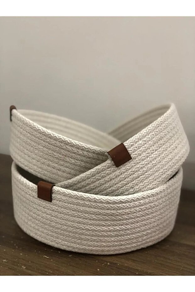 3-Piece Jute String Knitted Basket - Decorative and Straw Set, Cotton Thread Ecru - 1