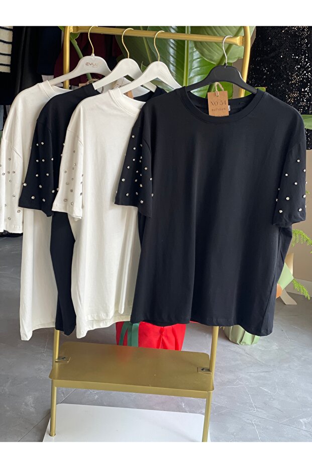 Taşlı basic tişört beyaz - 1