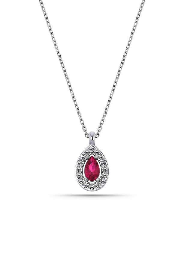 Elmas Montürlü Ruby Damla Taşlı Gümüş Kolye - 2